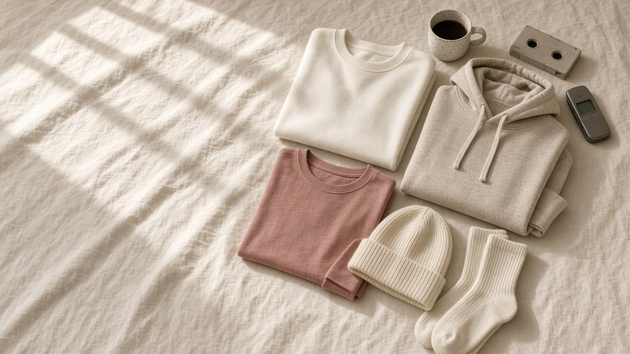 Soft loungewear flat lay on cream linen